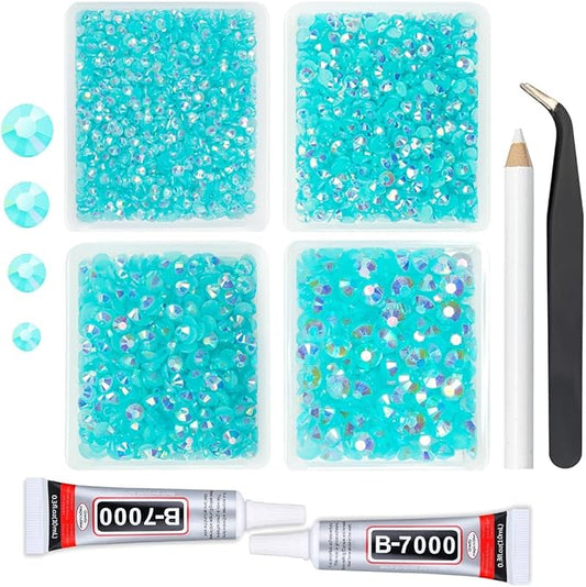 Aquamarine AB Resin Rhinestones w B7000 Jewelry Glue for Bedazzling Crafting 3mm-6mm Lake Blue Flatback Jelly Stones Bulk SS10-SS30 Water Blue Diamonds for Nails Face Makeup Tumblers Crafts