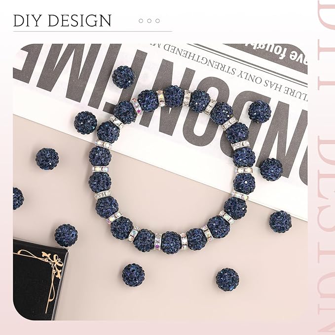 200 Pcs Blue Black Rhinestone Beads for Jewelry Making, Sparkle Crystal Clay Christmas for Bracelet Baseball Necklace Earring Crafting and DIY, Shiny Round Shamballa Disco Ball Beads Bulk