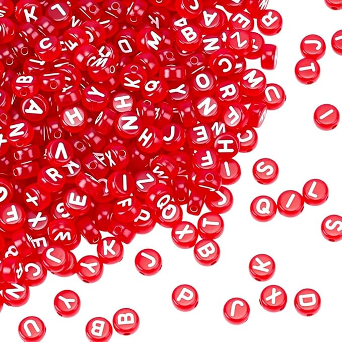 1 Box 800pcs Red Transparent Letters Beads with White Alphabet Acrylic Flat Round Clear Cylinder Loose Spacer Letter Bead Charm Bulk for Jewelry Making Necklace Bracelet DIY Craft Supply
