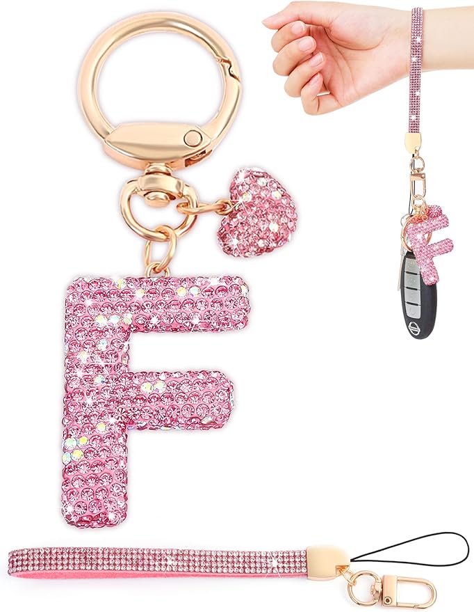 Initial Keychain for Women Girls,Bling Letter Key chain Initial with Heart,Pink Keychain Charms for Backpack Handbag