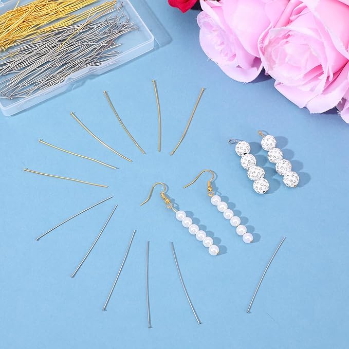 200 PCS Flat Head Pins, Stainless Steel Eye Pins 2 Inch Jewelry Making Pinflat Headpins Jewelrys Findings Eye Pin for DIY Craft Earring Bracelet Necklace Pendant(Silver Gold