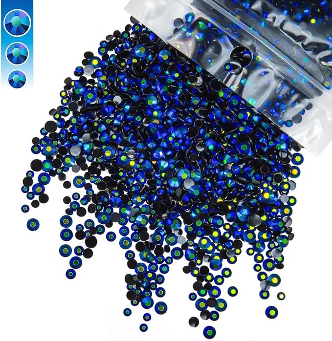 Sapphire Blue AB Resin Rhinestones for Crafting 3mm 4mm 5mm Mix Black AB Flatback Jelly Stones Bulk SS10 SS16 SS20 Diamonds Gems for Nails Face Eyes Makeup Tumblers Bottles DIY Crafts Clothes