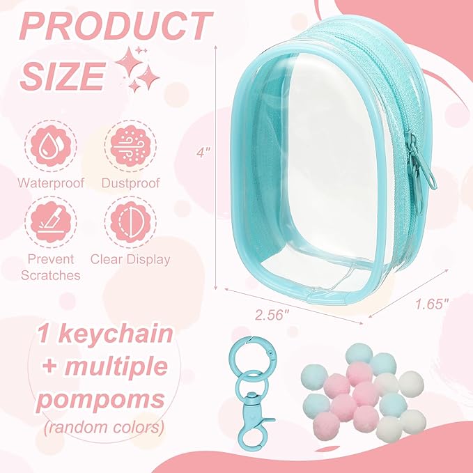 uxcell 4 Inch Clear Figure Display Bag, Mini Clear Pouch Waterproof Coin Pouch with Keychain and Pom Poms for Blind Box Doll Display (Oval, Sky Blue)
