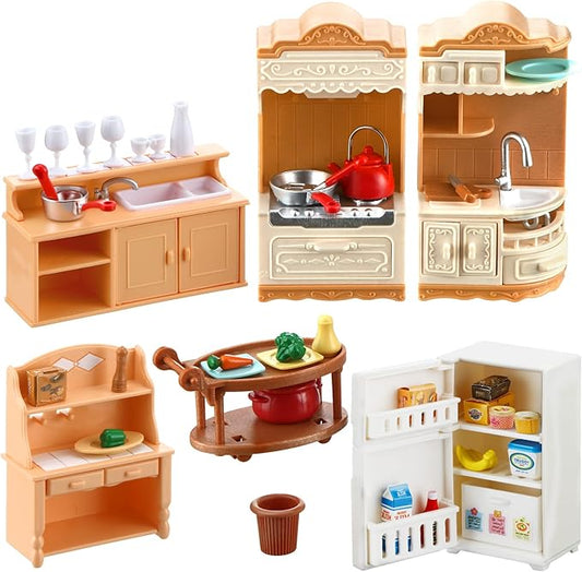 43 Pcs Dollhouse Furniture Kitchen Play Set Miniature Refrigerator with Mini Food Pots and Pans Set Pretend Kitchen Accessories Toys