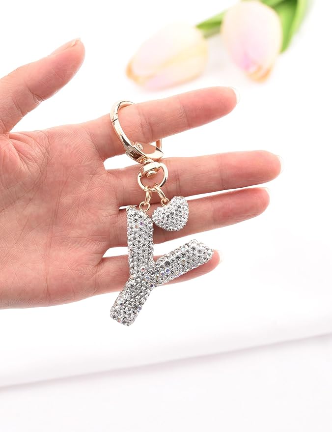 Initial Keychain for Women Girls,Bling Letter Key chain Initial with Heart,Pink Keychain Charms for Backpack Handbag