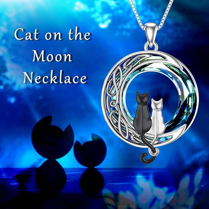 TOUPOP Cat Gifts for Cat Lovers One Two Three Four Cats Necklace Sterling Silver Cats on the Moon Pendant Necklace with Blue Circle Crystal Birthday Christmas Celtic Jewelry Gifts for Women