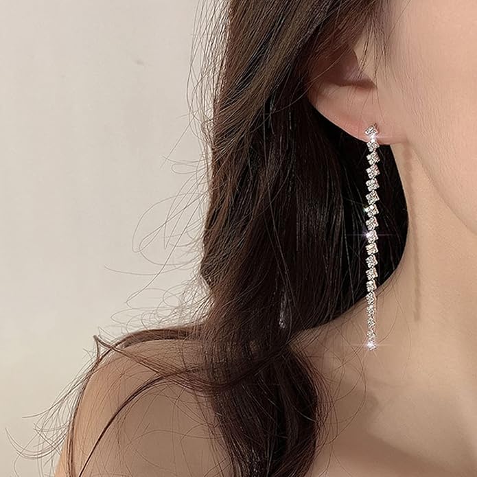 HERIER Rhinestone Earrings Dangling for Women Chandelier Statement Tassel Earrings Girls Silver Sparkly Drop Cubic Zirconia Crystal Earrings Long Dangle Costume Jewelry