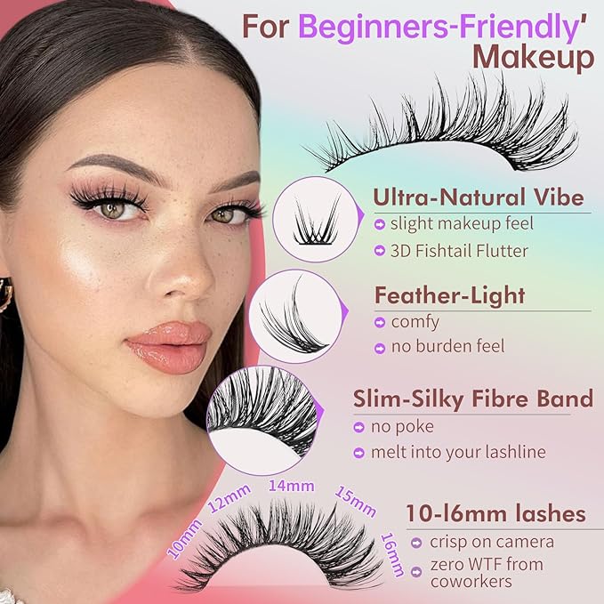 Lash Clusters Kit 10-16mm Natural Volume Lashes with Soft Fibre Thin Band, 200PCS Wispy Eyelash Clusters for Gentle Bonding & Beginner Friendly, DIY Individual Lashes