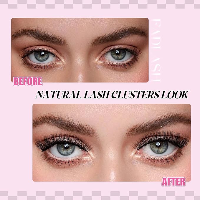 FADLASH Lash Clusters Kit DIY Lash Extension Kit D Curl 0.07 Natural Eyelash Extension Clusters Wispy Lash Clusters with Lash Bond and Seal Lash Tweezer for Self Application(F32-0.07D, 8-16mm Kit)
