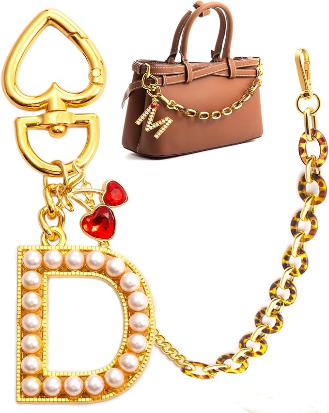 Pearl Initial Keychain with Leopard Bag Charms Wallet Chain Women Cute Alphabet Keychains Charm for Purse Handbag