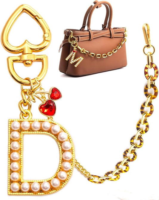 Pearl Initial Keychain with Leopard Bag Charms Wallet Chain Women Cute Alphabet Keychains Charm for Purse Handbag