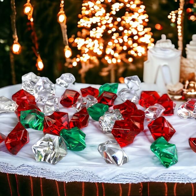 HappyFiller Christmas Decoration 14OZ Fake Ice Rocks Cubes Acrylic Gems Stones,Table Scatters, Photography Props Vase Fillers,Wedding,Crafts,Home Centerpieces,Candle Holder,Red,Green,Clear Mix
