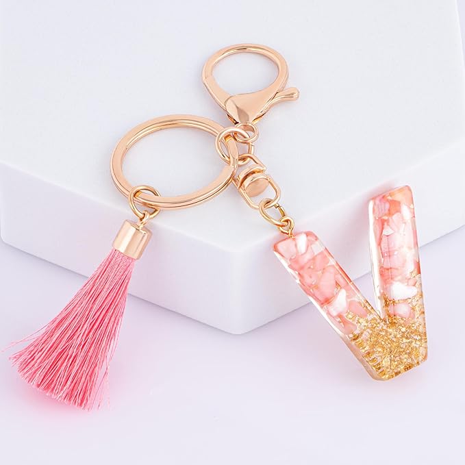 Suweibuke Cute Pink Key Chains for Women Girls, Initial Letter Keychains with Tassel, Charms for Key Purse Handbags Backpacks