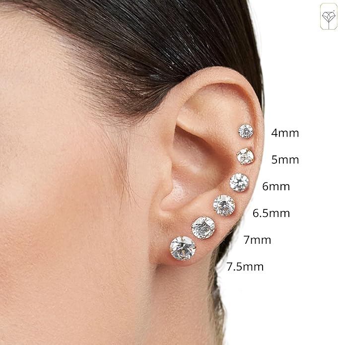 14k Gold Solitaire Round Cubic Zirconia Earrings Studs for Women & Men | Anti Tarnishing CZ Stud Earrings with 14k Gold Butterfly Pushbacks | 4MM-7.5MM by MAX + STONE