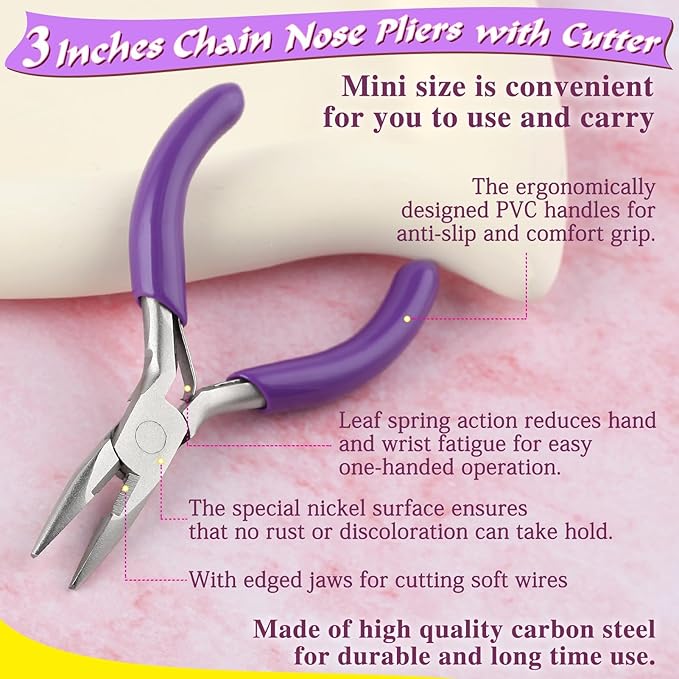 SPEEDWOX 3 Inches Chain Nose Pliers with Cutter, Purple, Jewelry Making Miniature Pocket Plier, Needle-Nose Pliers, Wire Cutters, Jewelry Pliers, Jewelry Making Tools