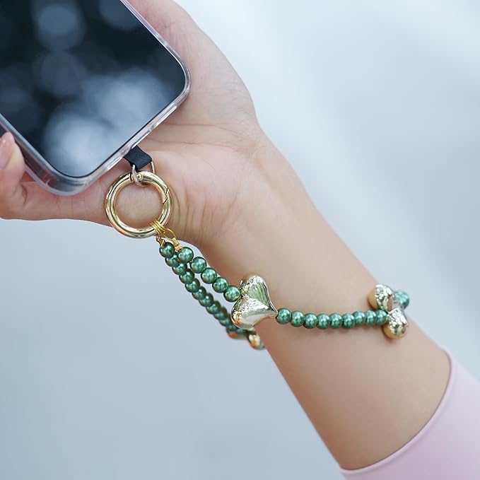 Beaded Phone Wrist Strap for Women Pearl Wristlet Strap Cute Phone Lanyard Golden Heart Shaped Bead Cellphone Chain (Green)