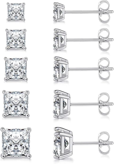 MDFUN 5 Pairs Square Earrings Set for Women Hypoallergenic 18K White Gold/Yellow Gold/Rose Gold Plated Princess Cut Clear Cubic Zirconia Stud Earring 3-7MM Pack of 5