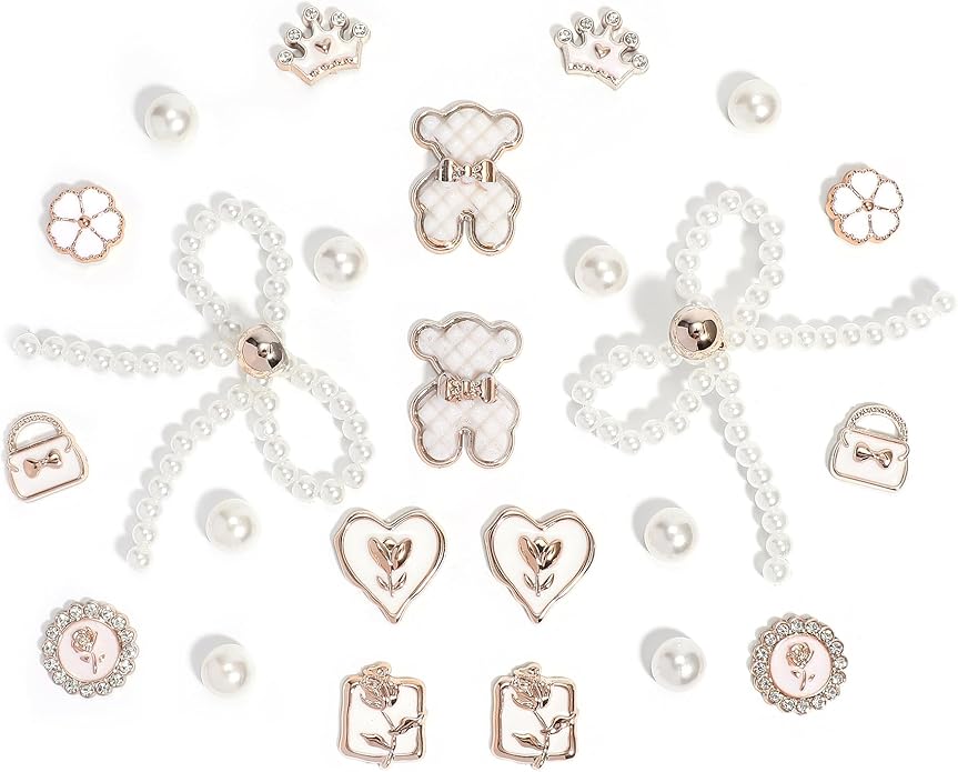24Pcs Bling Pearl Bow Shoe Charms for Clog Sandals Women, Bear, Flower, Pearl Accessories, DIY Shoe Decoration Charms for Girls