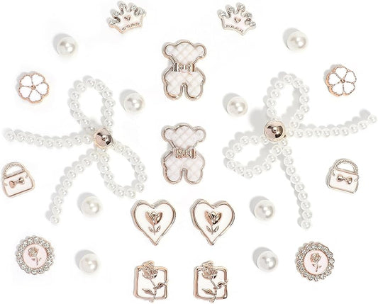 24Pcs Bling Pearl Bow Shoe Charms for Clog Sandals Women, Bear, Flower, Pearl Accessories, DIY Shoe Decoration Charms for Girls