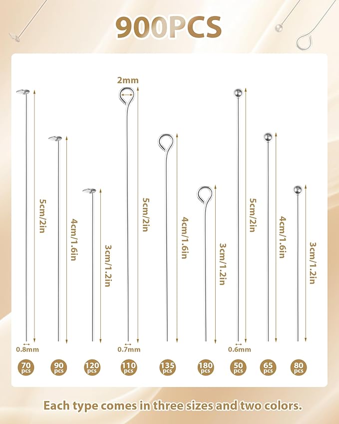 FIVEIZERO 900 PCS Eye Pins and Flat Head Pins for Jewelry Making, Metal Eyepins, Headpins & Ball Head Pins for DIY Earrings, Necklaces, Bracelets, Pendants, 1.2", 1.6", 2", Gold