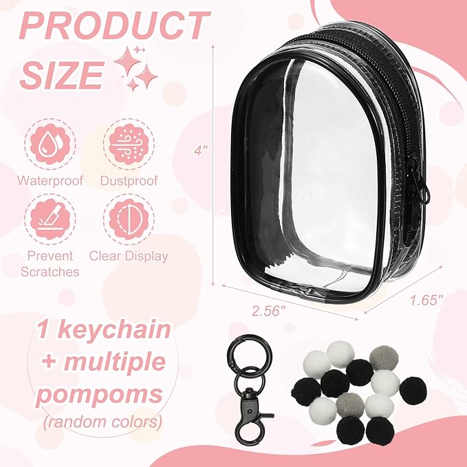 uxcell 4 Inch Clear Figure Display Bag, Mini Clear Pouch Waterproof Coin Pouch with Keychain and Pom Poms for Blind Box Doll Display (Oval, Black)