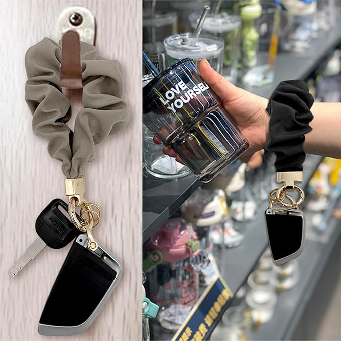 Scrunchie Wristlet Keychain for Women Men, Cute Stretchy Wrist KeyChain for Car Keys with 3 Keyrings and 1 D ring