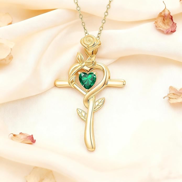 Midari 18K Yellow Gold Cross Pendant Rose Birthstone Necklaces for Women Christian Cross Jewelry with 12 Months Birthstone Birthday Gifts for Wife Her Daughter Mom