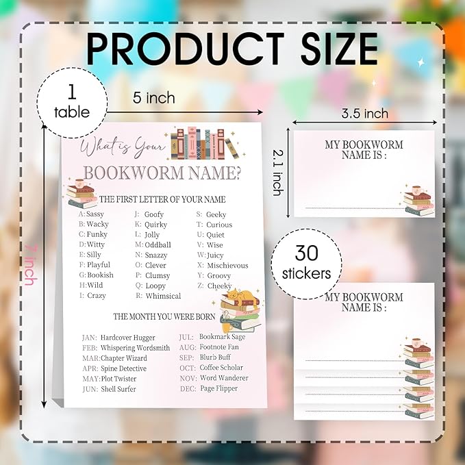 Book Party Decorations, Bookworms Theme Birthday Party Sign for Boys Girls,Kids Activity Cards, What's Your Bookworm Name, Activity Supplies
