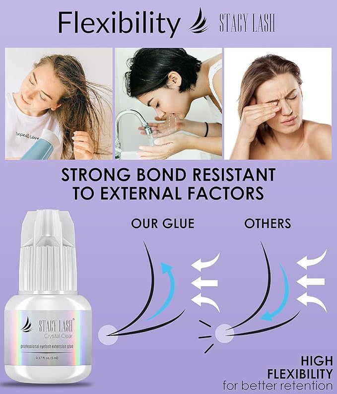 STACY LASH Crystal Clear Eyelash Extension Glue (0.17fl.oz/5ml)/1 Sec Drying Time/Retention – 8 Weeks/Transparent Adhesive/Professional Supplies