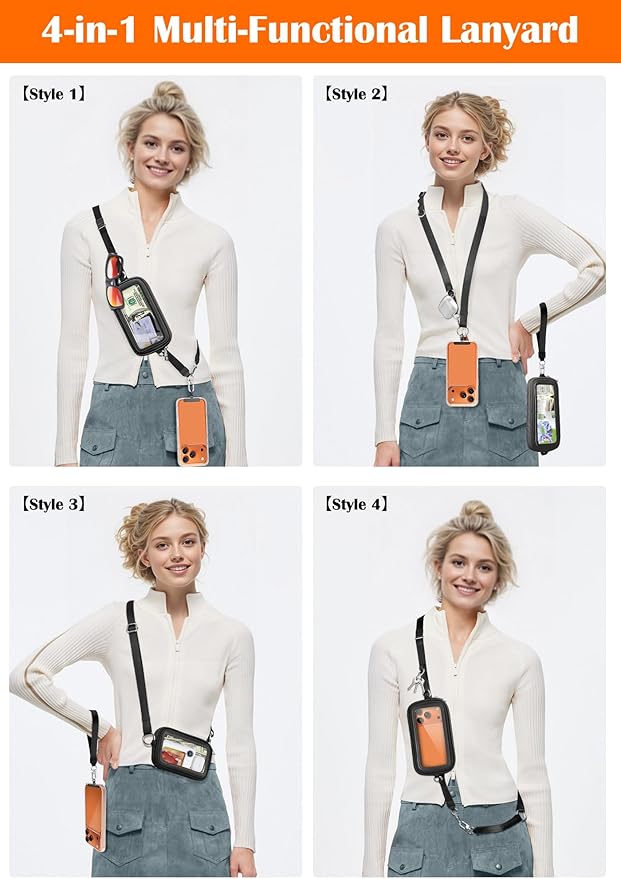 takyu Clip and Go Strap for Phone with Wallet Crossbody, 4-in-1 Adjustable Phone Lanyard with Detachable Wallet Wristlet Strap, Convertible Crossbody Bags with ID Window for Women Travel, Black
