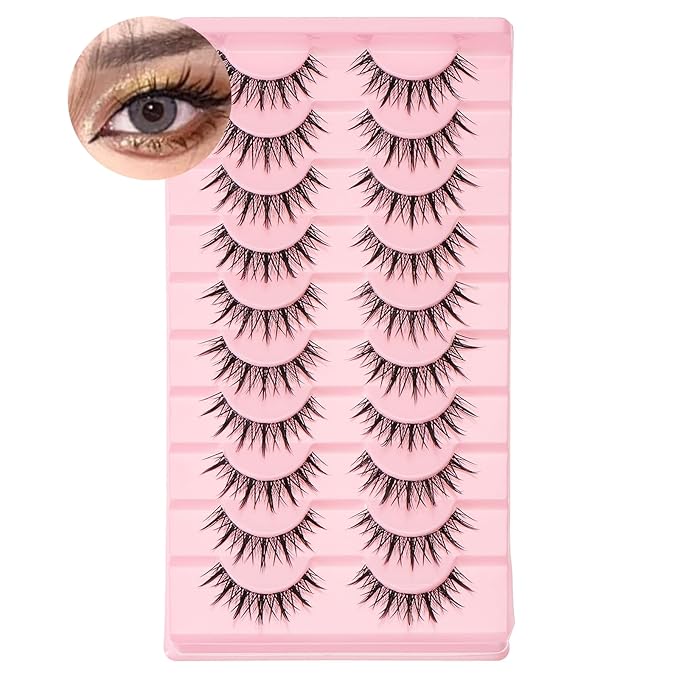 outopen 10 Pairs Manga Lashes Natural Look False Eyelashes Wispy Spiky Anime Lashes Korean Japanese Asian Style Cosplay Fake Eyelashes with Clear Band