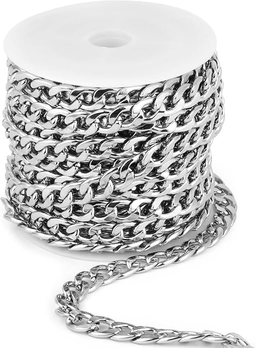 16.5 Ft Stainless Steel Curb Chains, 5mm 6mm 7mm 9mm Cuban Chain Roll Bulk for Jewelry Making