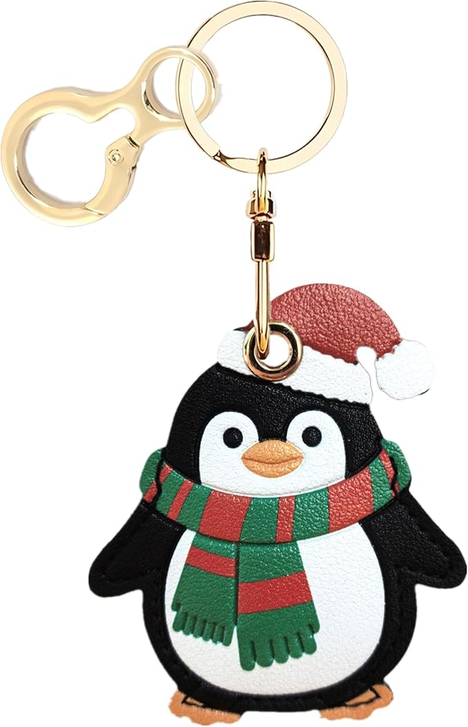 Leather Keychain Holder Case Compatible with AirTag,Cute Protective Cover with Keyring,Anti-Scratch Finder GPS Tracker Case for Wallet Keys,Bag,Pets(Penguin)