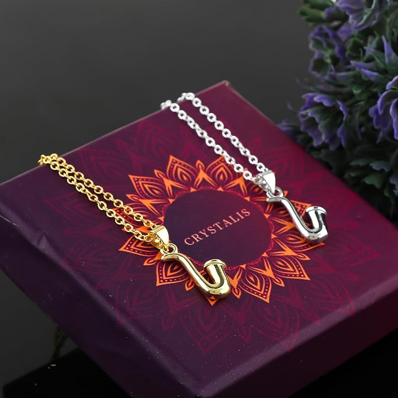 JOR Saxophone Charm Pendant Necklace, Relationship Goal, CZ, Women Jewelry, Dainty Gold & Silver Plated Combo Chain 18 inch (Pack of 2)