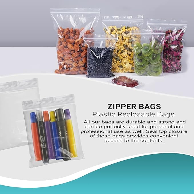 APQ Clear Plastic Reclosable Zipper Bags, 5 x 5 Inches. Pack of 100 Reclosable Plastic Bags with Zipper Closure. 2 Mil Plastic Jewelry Bags. Waterproof Reclosable Zip Bags for Industrial Use