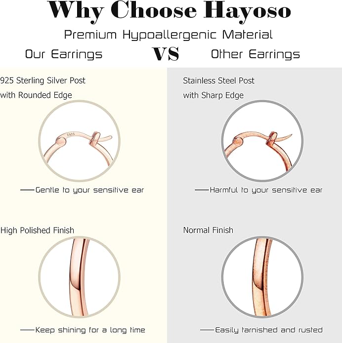 Hayoso 18K Gold Plated Hoop Earrings - 925 Sterling Silver Hoop Earrings Womens Hypoallergenic Hoops | Square Tube Hoop Earrings for Women 15mm/20mm/30mm/40mm