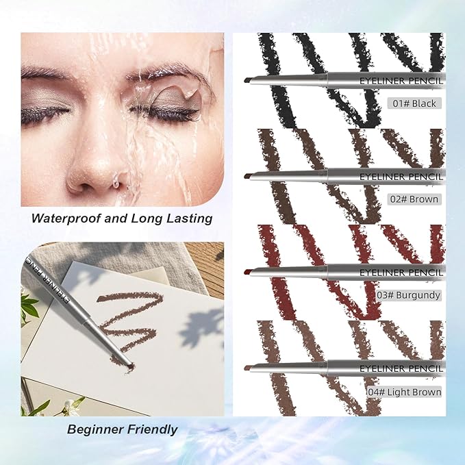 4 Pcs Cream Eyeliner Pencils Set, Waterproof Matte Eyeliner Pens, Smooth and Long-Lasting Gel Cream Eye Liner Pencils kit Makeup for Women, Black & Brown & Burgundy & Light Brown