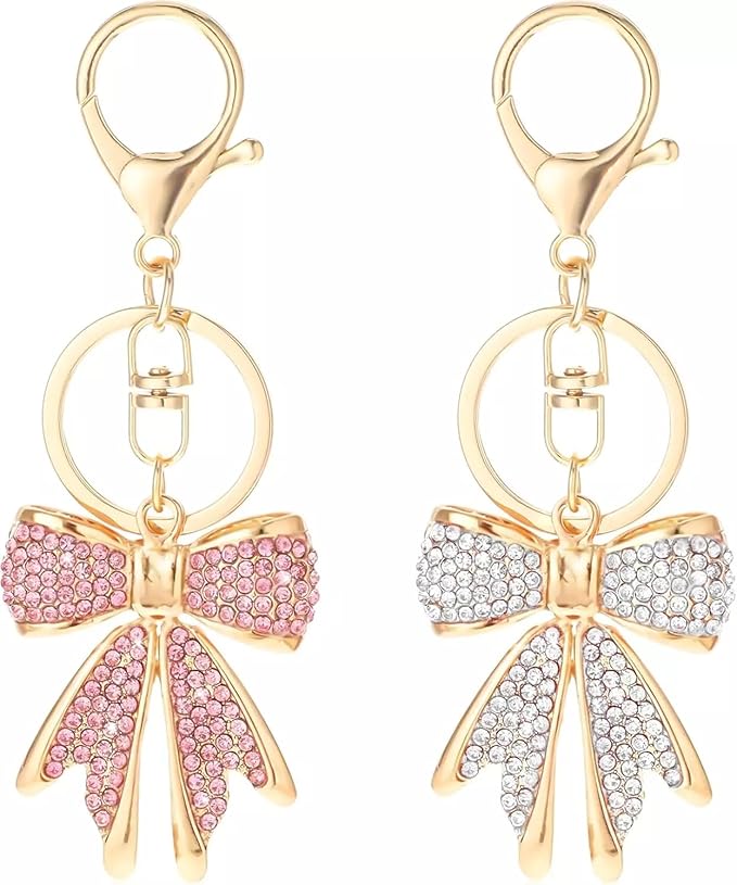 2 PCS Pink White Gold Bow Keychain with Rhinestones Bowknot Keychain Bling Cute Keychain Shiny Purse Charms Accessories for Keys