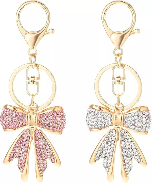 2 PCS Pink White Gold Bow Keychain with Rhinestones Bowknot Keychain Bling Cute Keychain Shiny Purse Charms Accessories for Keys