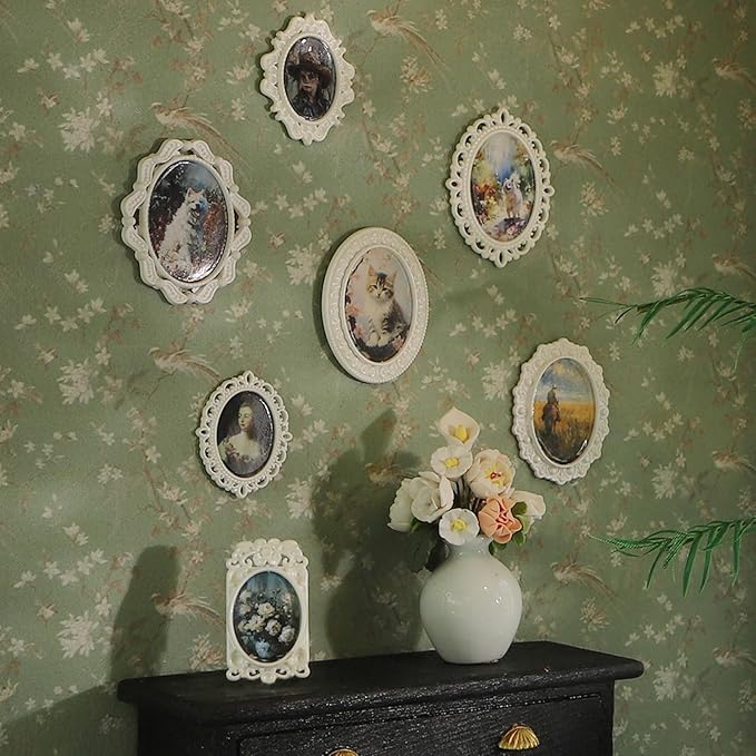 iLAND 1/12 Scale Accessories of Tiny Frames 7pcs with 14 Miniature Pictures Set for Dollhouse Miniatures Décor Also Elf Accessories Classic & Exquisite (White Tiny Frame Art)