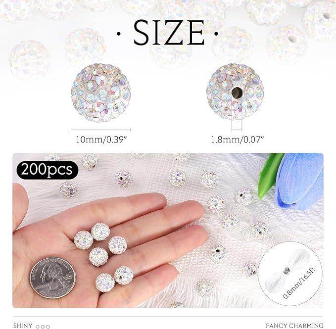 200 Pcs Crystal AB Rhinestone Beads for Jewelry Making, Sparkle Crystal Clay Christmas for Bracelet Baseball Necklace Earring Crafting and DIY, Shiny Round Shamballa Disco Ball Beads Bulk