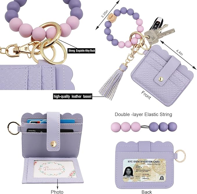 Keychain Wallet Wristlet Small Credit Card Holder Bracelet Key Chain Purse Bangle Tassel Beads Key Rings for Women