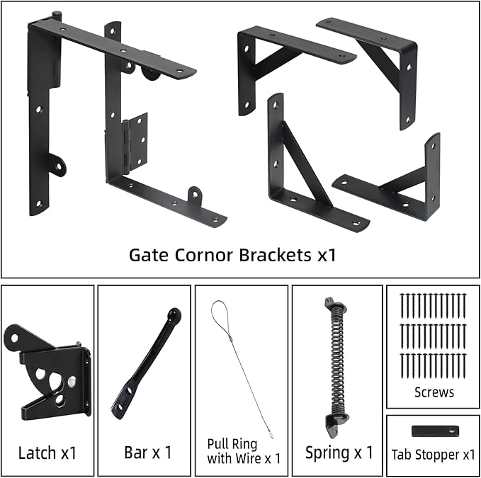 Fence Gate Kit Gate Hardware, 1 Set Anti Sag Gate Kit Gate Frame Cornor Brackets Kit with Self Closing Gate Springs Hings Latchs for Outdoor Garden Backyard Wooden Fence Deck Porch Gate