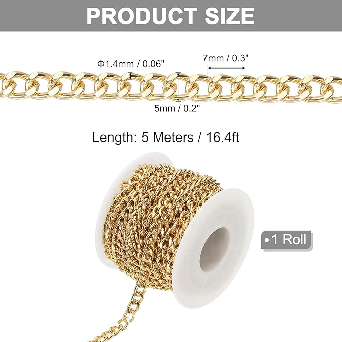 PATIKIL 16.4Ft Aluminium Curb Chains Twisted Links, 7x5mm Curb Chain Spool Jewelry Making Chains Craft Chain for Necklace Bracelet Earring, Gold