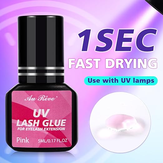 UV Eyelash Glue UV Glue 5ml DIY Lash Extensions 1 Sec Light Curing Fast-Drying 7-8 Weeks Long Lasting Waterproof Professional Use Only (Pink)
