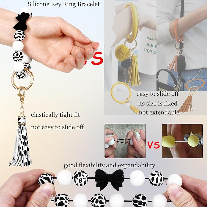 BIHRTC Key Ring Bracelet Car Keychain Holder Wristlet Silicone Women Beaded Bangle Chains