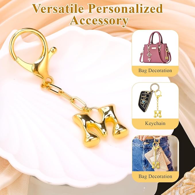 VICKHU Gold Plated Bubble Initial Letter Cute Keychain for Women Car Key Purse Decorative Keyring Handbag Charms Fashion
