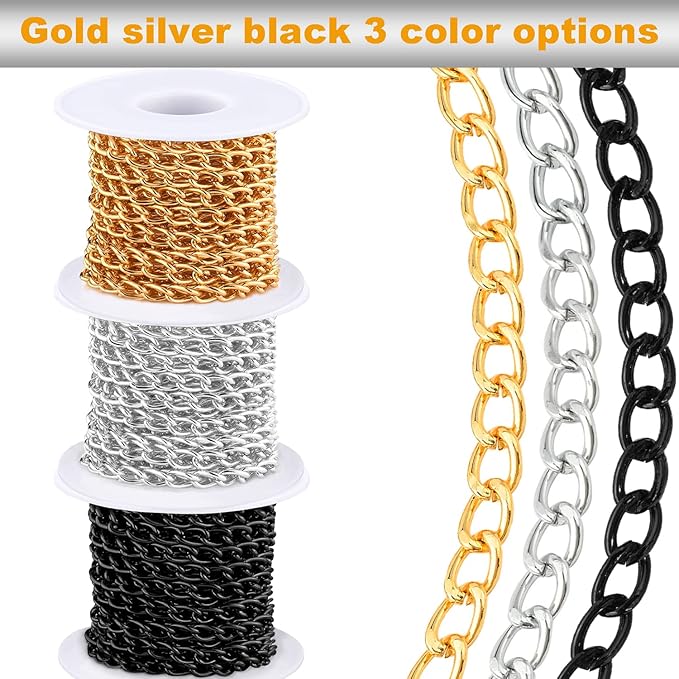 Jishi 16ft Aluminium Curb Chain Roll, Thick Twisted Chain Links, Black Plated Metal Craft Chain Curb Link Chain Spool for Jewelry Making Necklace Bracelet DIY Crafts, Jewelry Making Findings Supplies