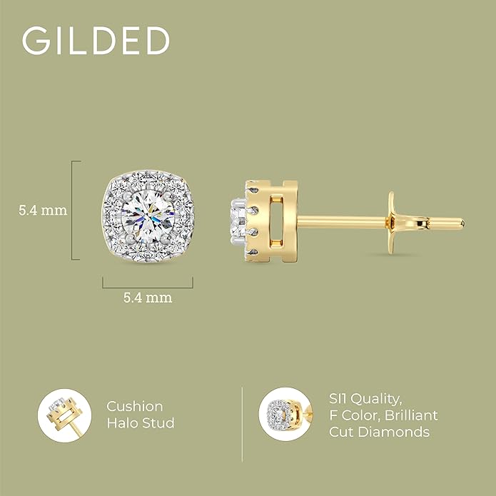 Gilded Lab-Grown Diamond Sterling Silver and 14KT Yellow Gold Plated Silver Stud Earrings for Women | Cushion Halo Shaped Studs | Hypoallergenic Fine Jewelry | Prong Setting, Push Back Nut | SI1 Clarity, F Color 1/4, 1/2, ,1 Carat Total Weight