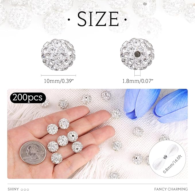 200 Pcs White Rhinestone Beads for Jewelry Making, Sparkle Crystal Clay Christmas for Bracelet Baseball Necklace Earring Crafting and DIY, Shiny Round Shamballa Disco Ball Beads Bulk